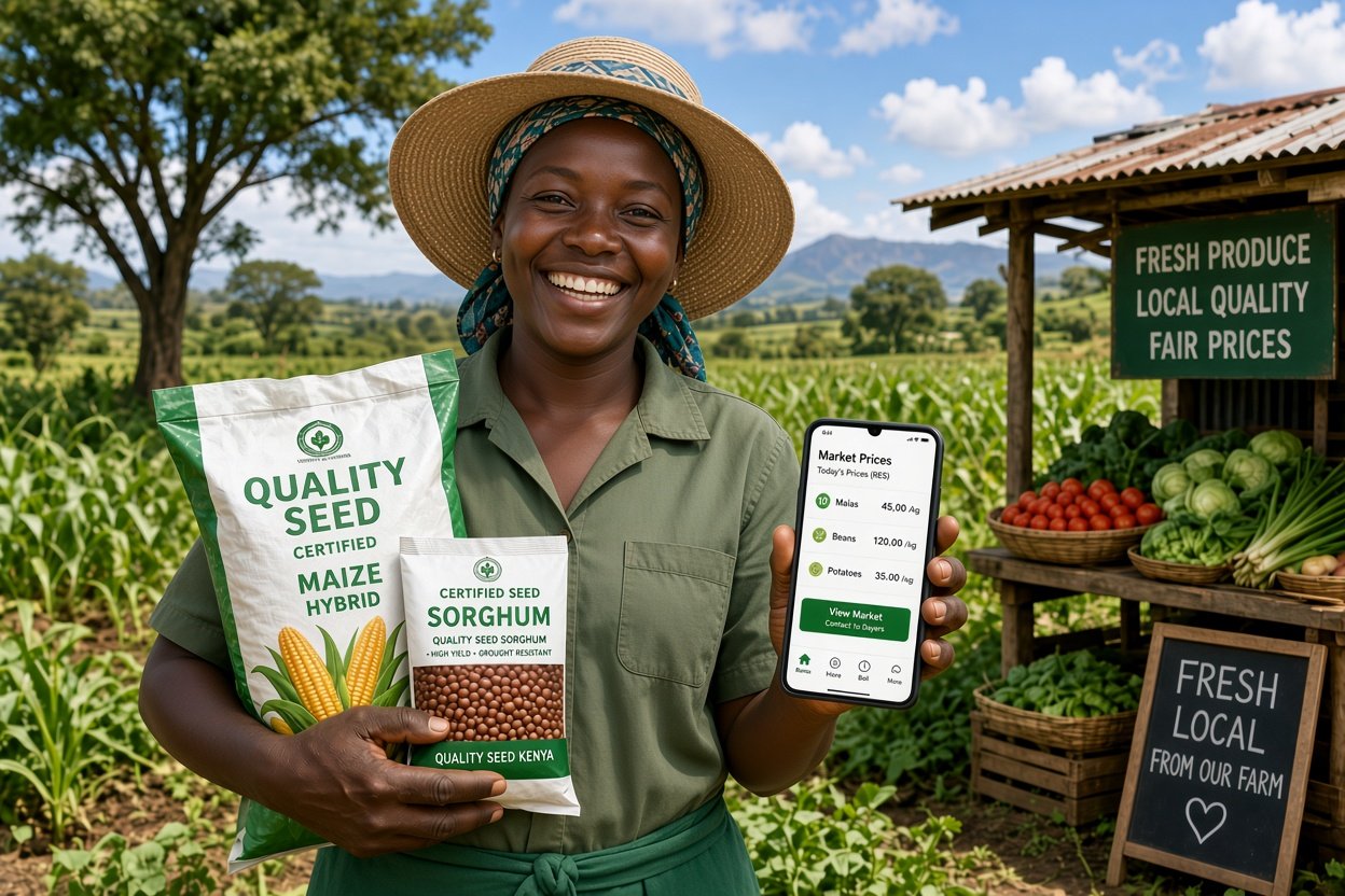 A smiling farmer holding certified seed and viewing current market prices